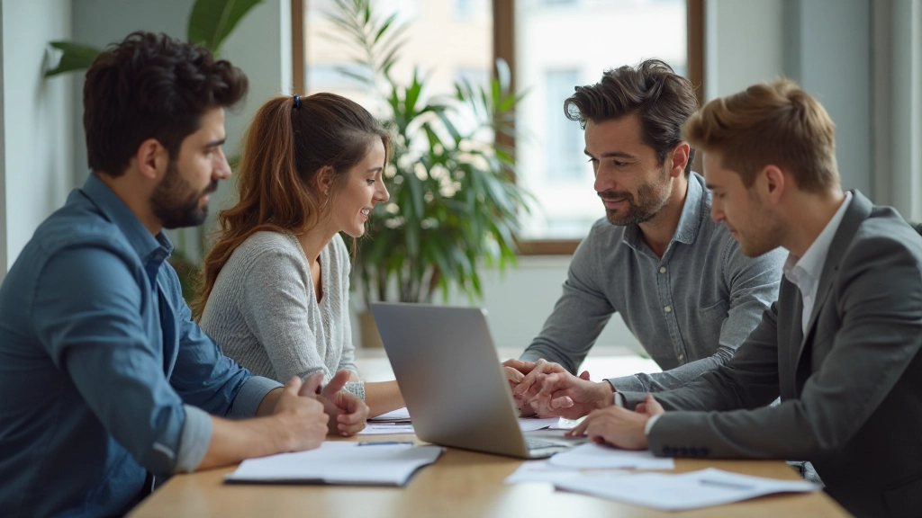Профессиональная фотография команды контент-маркетеров на встрече за столом с ноутбуками и документами