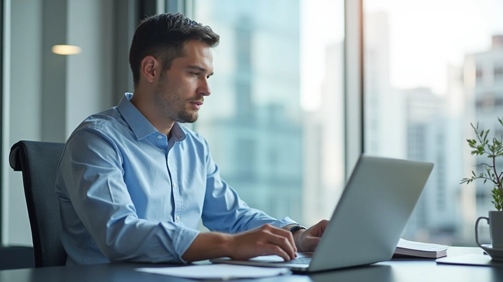 Предприниматель из Казахстана разрабатывает контент-стратегию для местного рынка на ноутбуке в офисе