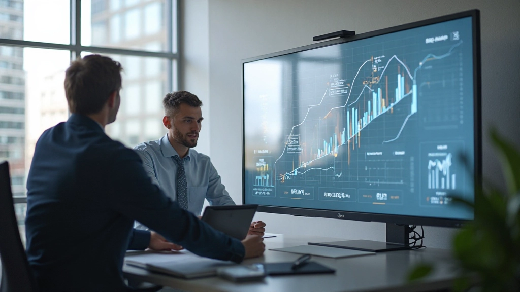 Профессиональная фотография встречи команды контент-маркетеров, обсуждающей результаты аналитики на большом экране в современном офисе