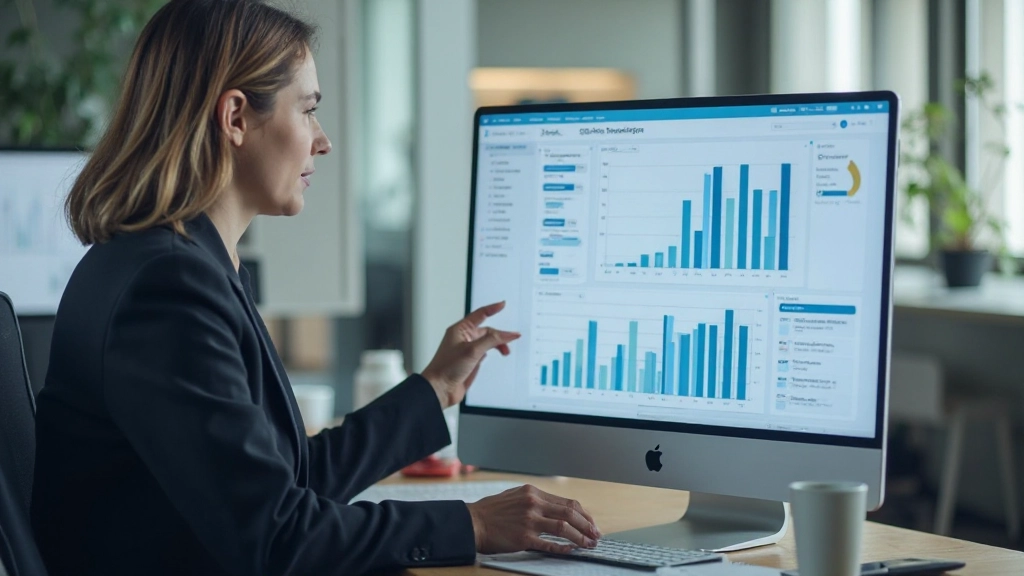 Специалист анализирует SEO метрики на компьютере в современном офисе